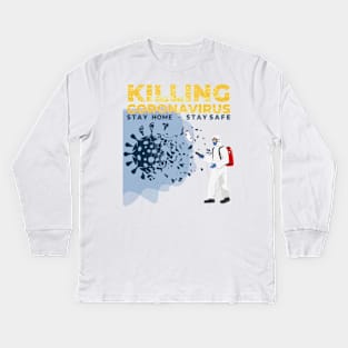 Killing Coronavirus COVID-19 stay home - stay safe Short Sleeve Ladies Fitted Short Sleeve Tee Shirt Kids Long Sleeve T-Shirt